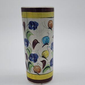Tonala Cylinder Vase Butterflies Brown Yellow Signed 6.75" Tall VTG 1970s